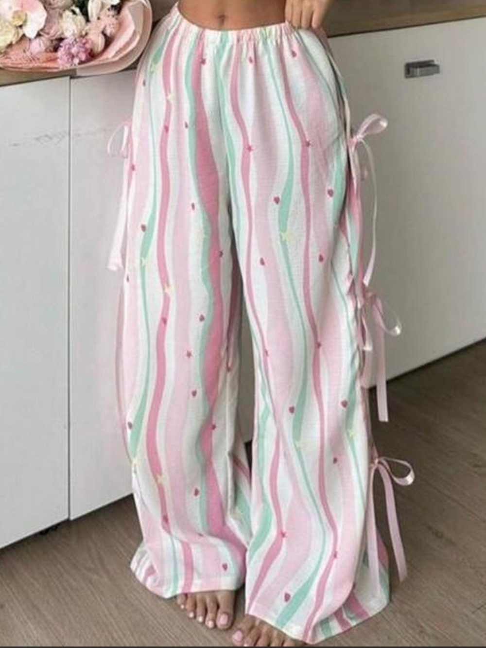 Women's Pink Striped Wide-Leg Lounge Pants